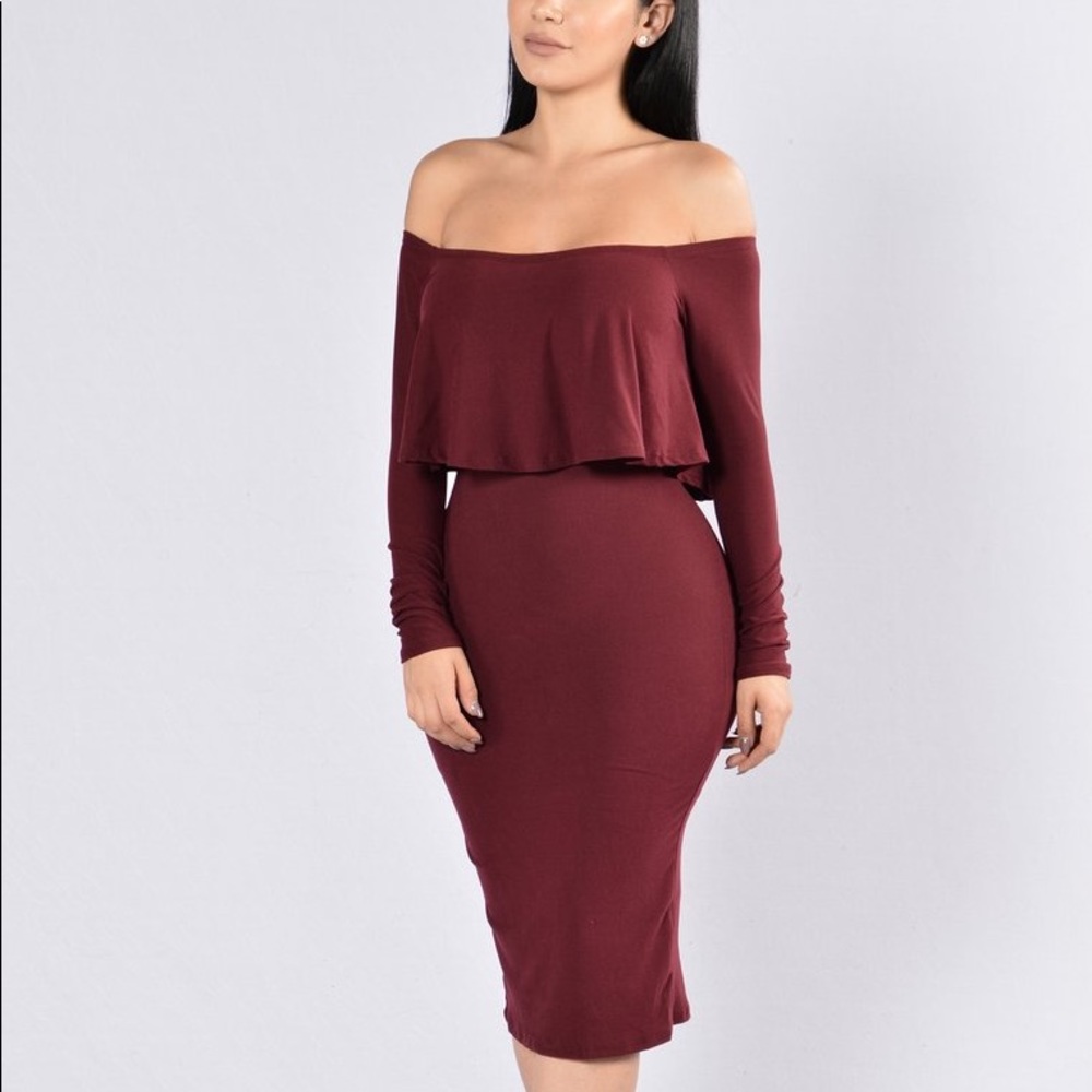 Fashion Nova Off-Shoulder Midi Dress in Wine